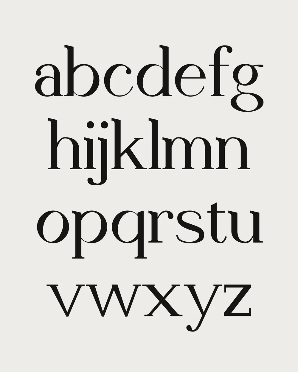 The lowercase alphabet of Opmet Serif in Display Regular, a to z in four lines.