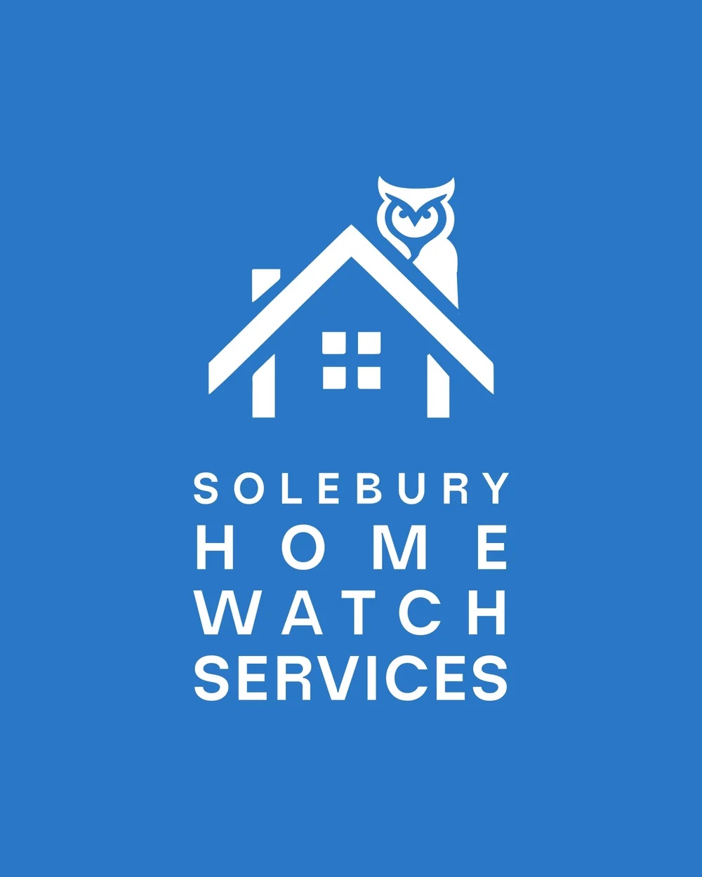 Solebury Home Watch Services logo, an owl on the roof of a house, in white on blue