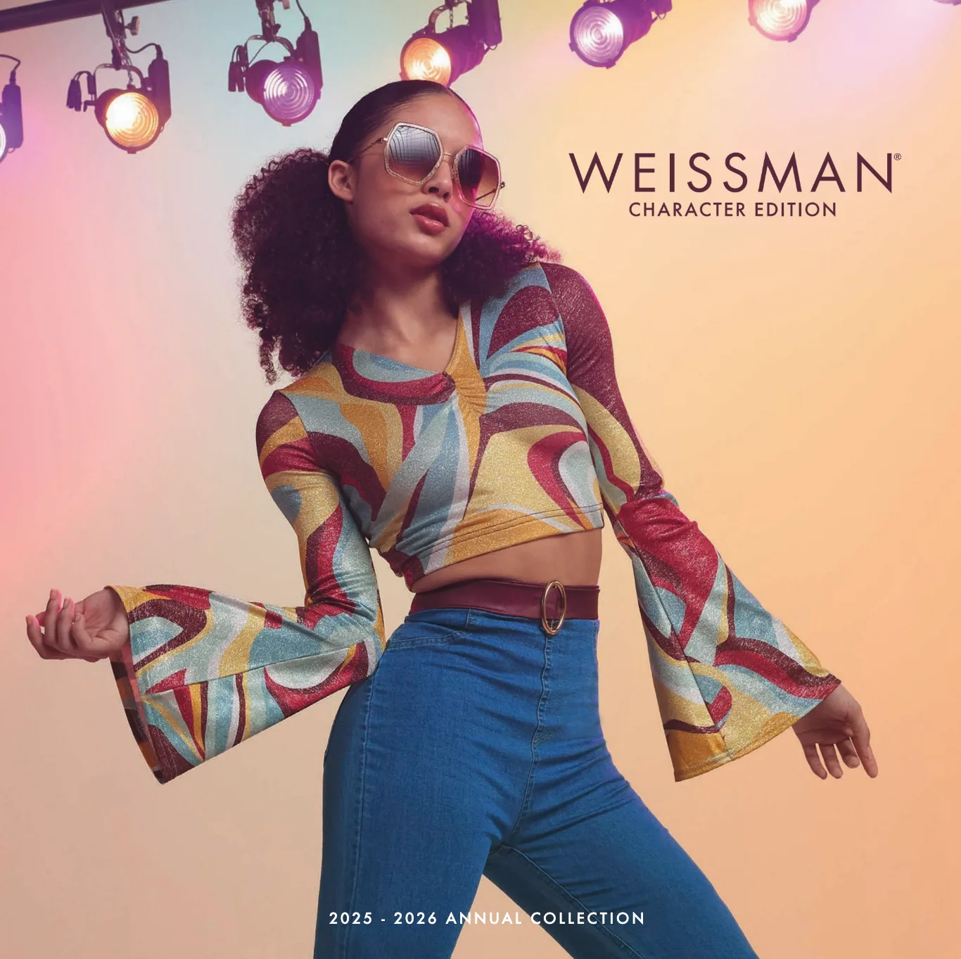 Weissman Character Edition front cover — model in colorful crop top and sunglasses against pink-yellow gradient with floating spotlights