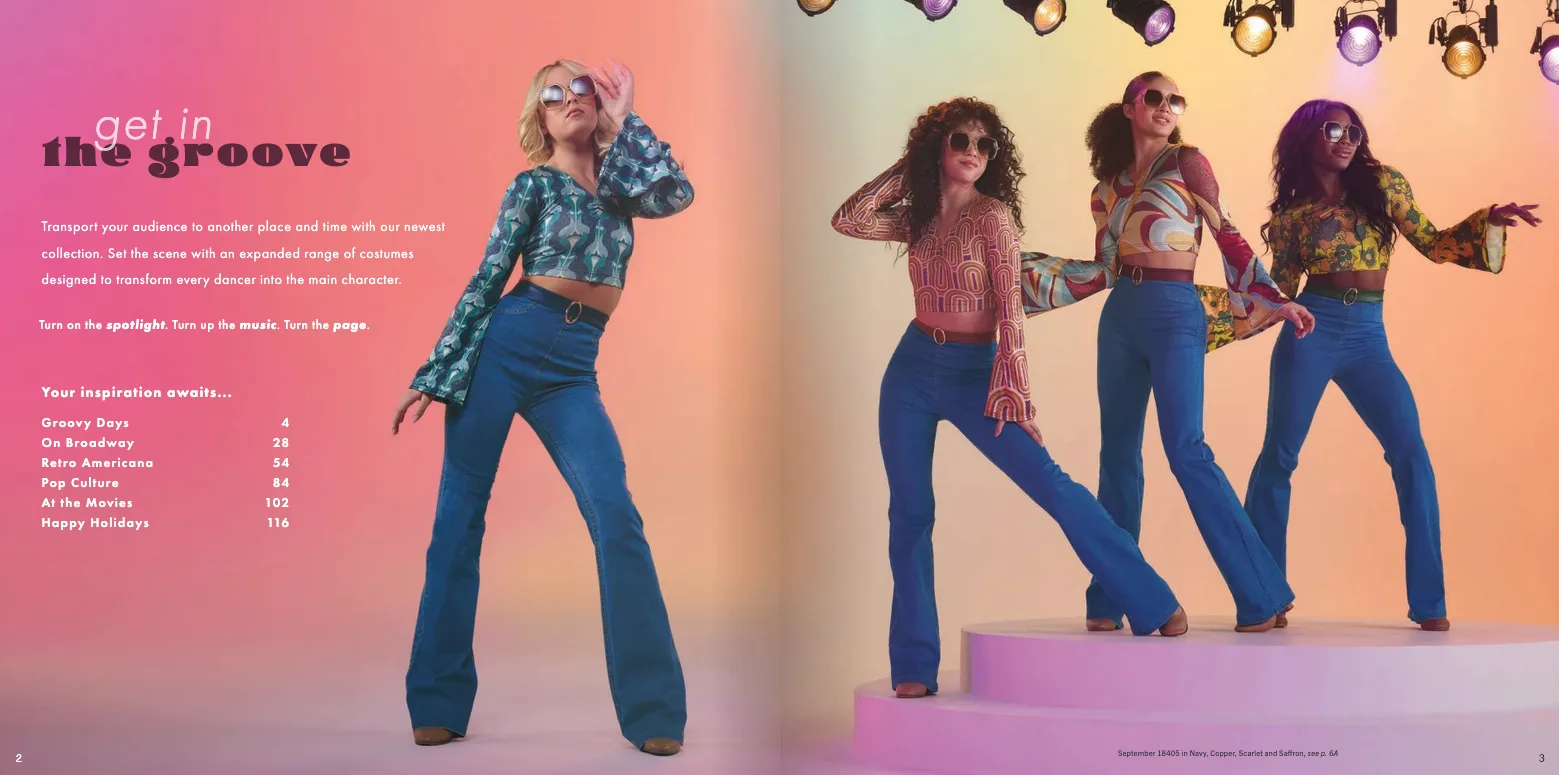 Weissman catalog table of contents spread — Groovy section opener with dancer and collection listing