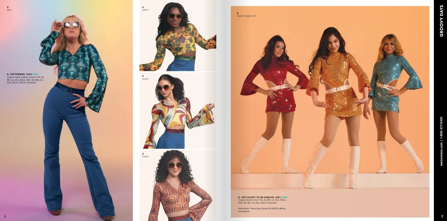 Weissman catalog product spread — retro fashion with pink sequined crop top and checkered shorts
