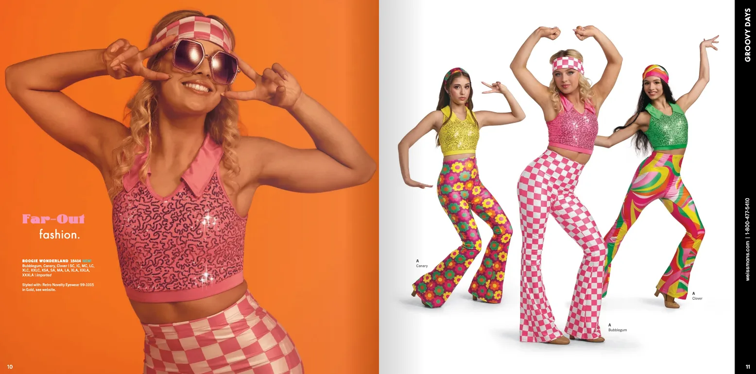 Weissman catalog Far-Out Fashion spread — five dancers in jewel-tone sequined jumpsuits with disco ball elements