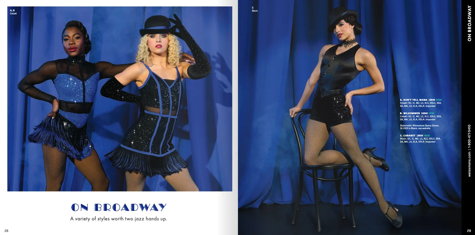 Weissman catalog On Broadway opener — blue theatrical curtain backdrop with Broadway-style costumes
