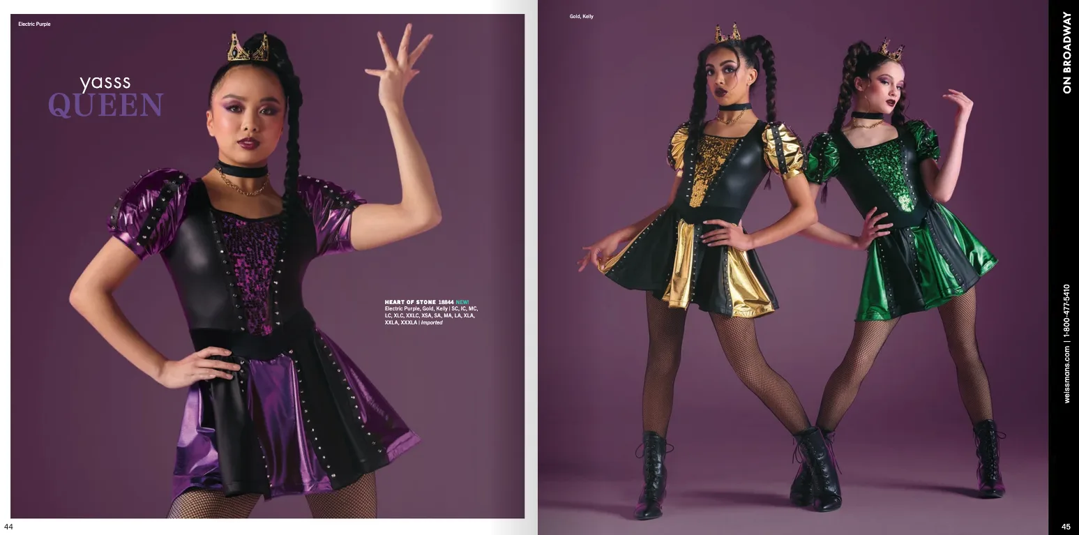 Weissman catalog Yasss Queen spread — purple gradient with dancer in purple-and-black sequined dress