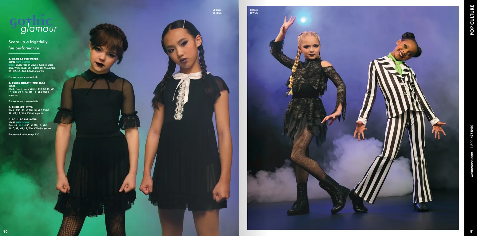 Weissman catalog Gothic Glamour spread — dancers in elegant black dresses with lace and metallic accents