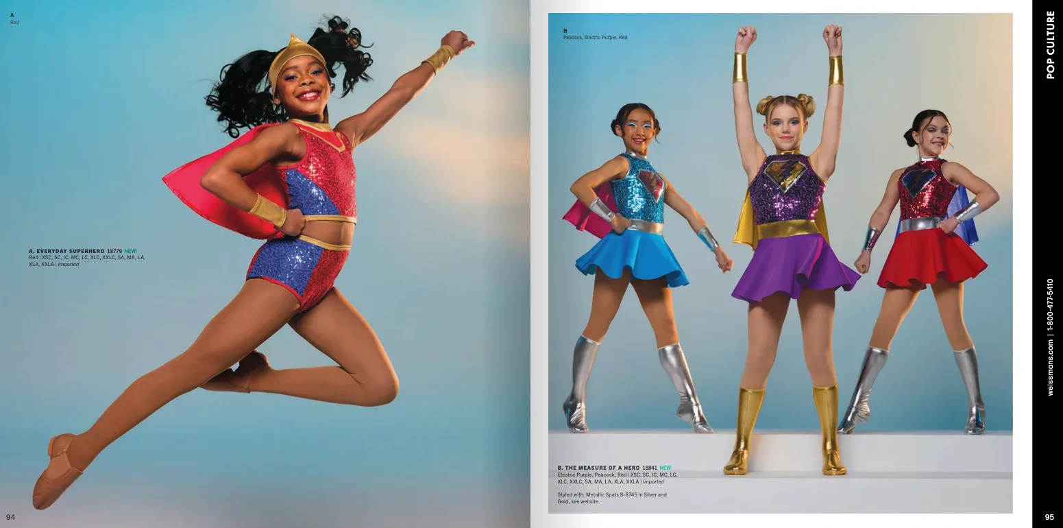 Weissman catalog Everyday Superhero spread — dancer in superhero costume with cape against bright blue sky