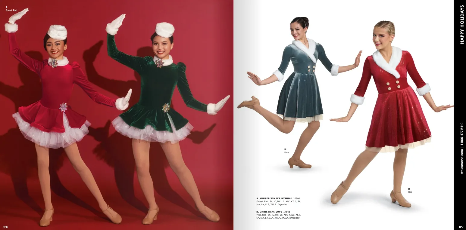 Weissman catalog Happy Holidays spread — festive red with dancers in holly-green and burgundy holiday dresses