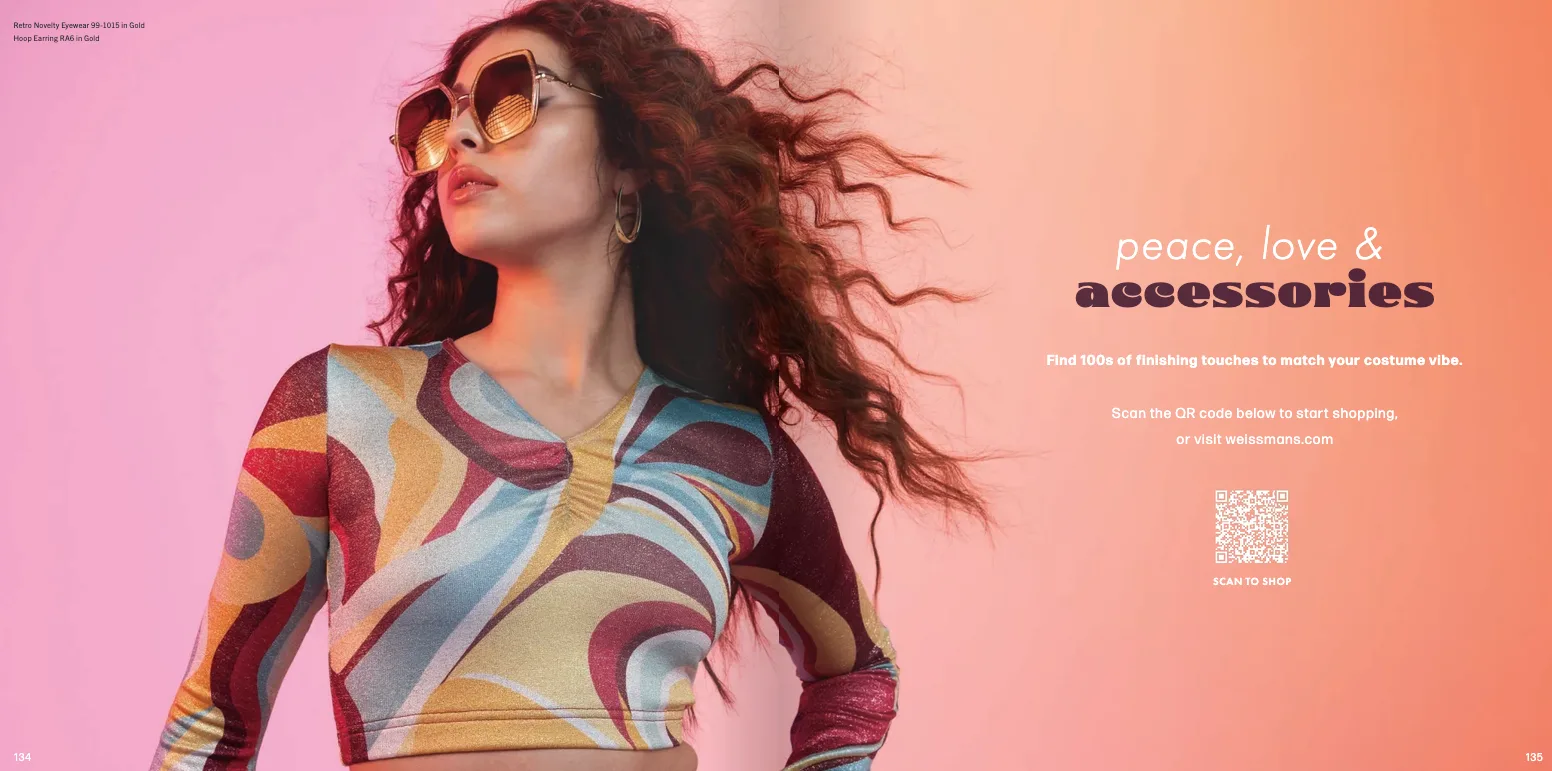 Weissman catalog accessories closer — peace, love and accessories headline with sunglasses model and QR code