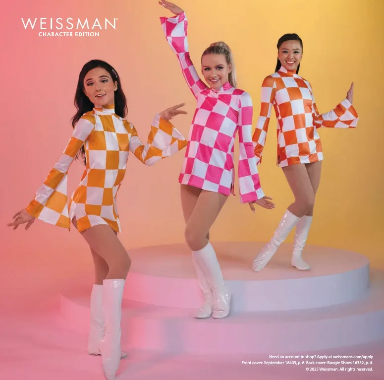 Weissman catalog back cover — checkered pattern finale with three dancers in bold orange and pink costumes
