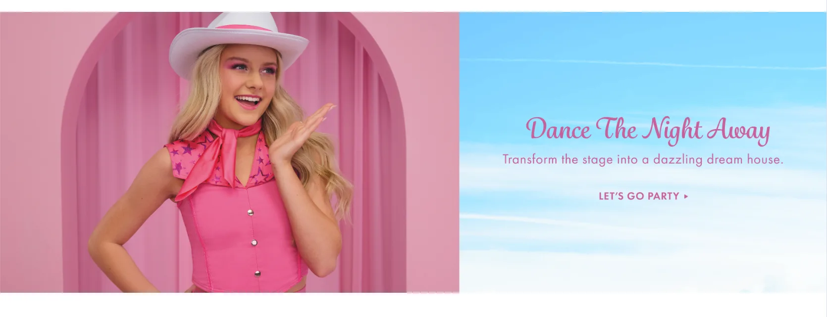 Weissman Dance The Night Away website banner — Barbie-themed dancer in pink western outfit against pink and blue sky