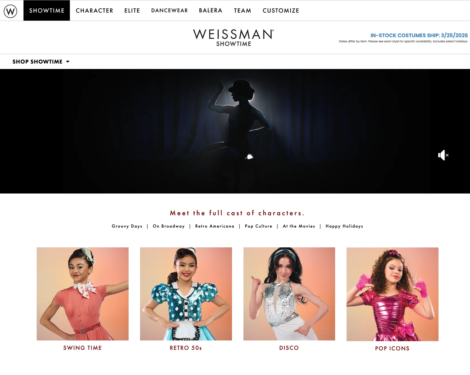Weissman Character Edition homepage — dark cabaret silhouette hero with category navigation tiles below