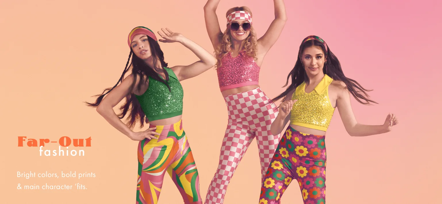 Weissman Far-Out Fashion banner — three dancers in bold geometric outfits against peach-to-pink gradient