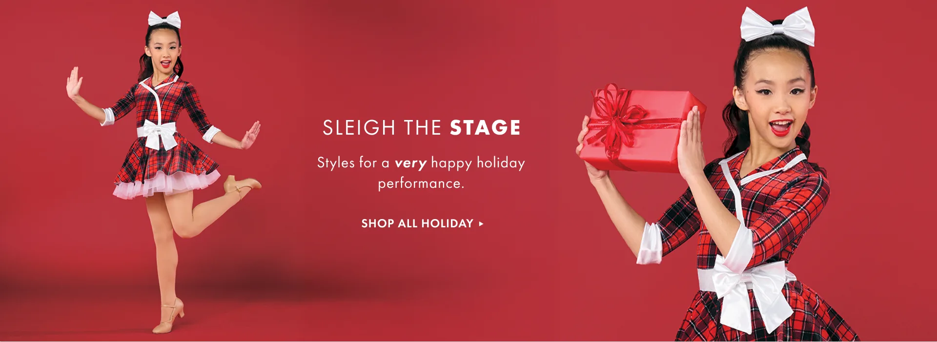 Weissman Sleigh The Stage holiday banner — performers in festive plaid and red costumes on red background