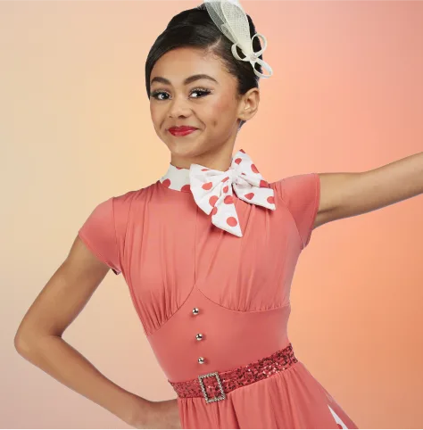 Swing Time category tile — dancer in soft pink sleeveless dress with white collar