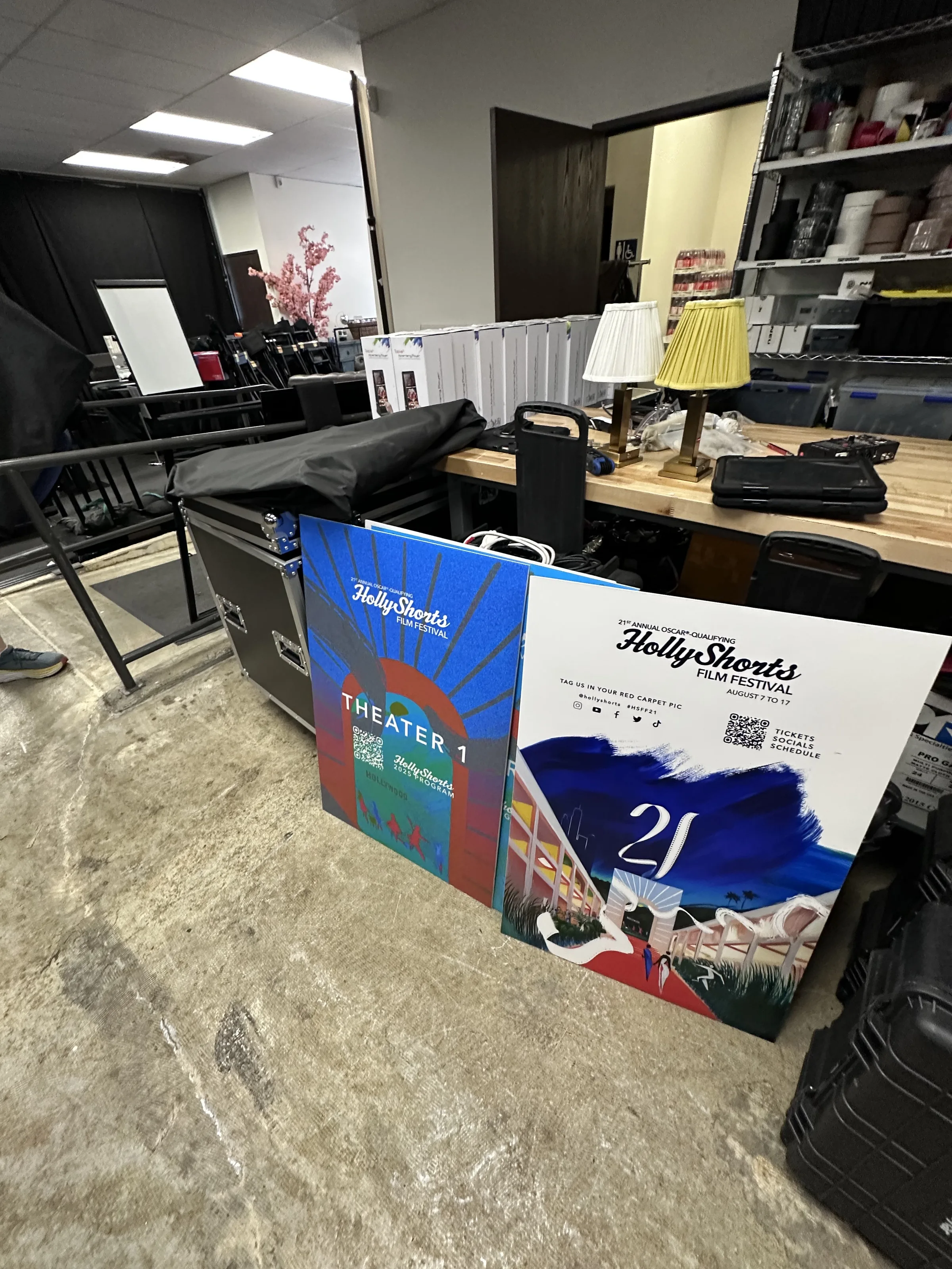 Printed signage staged for setup