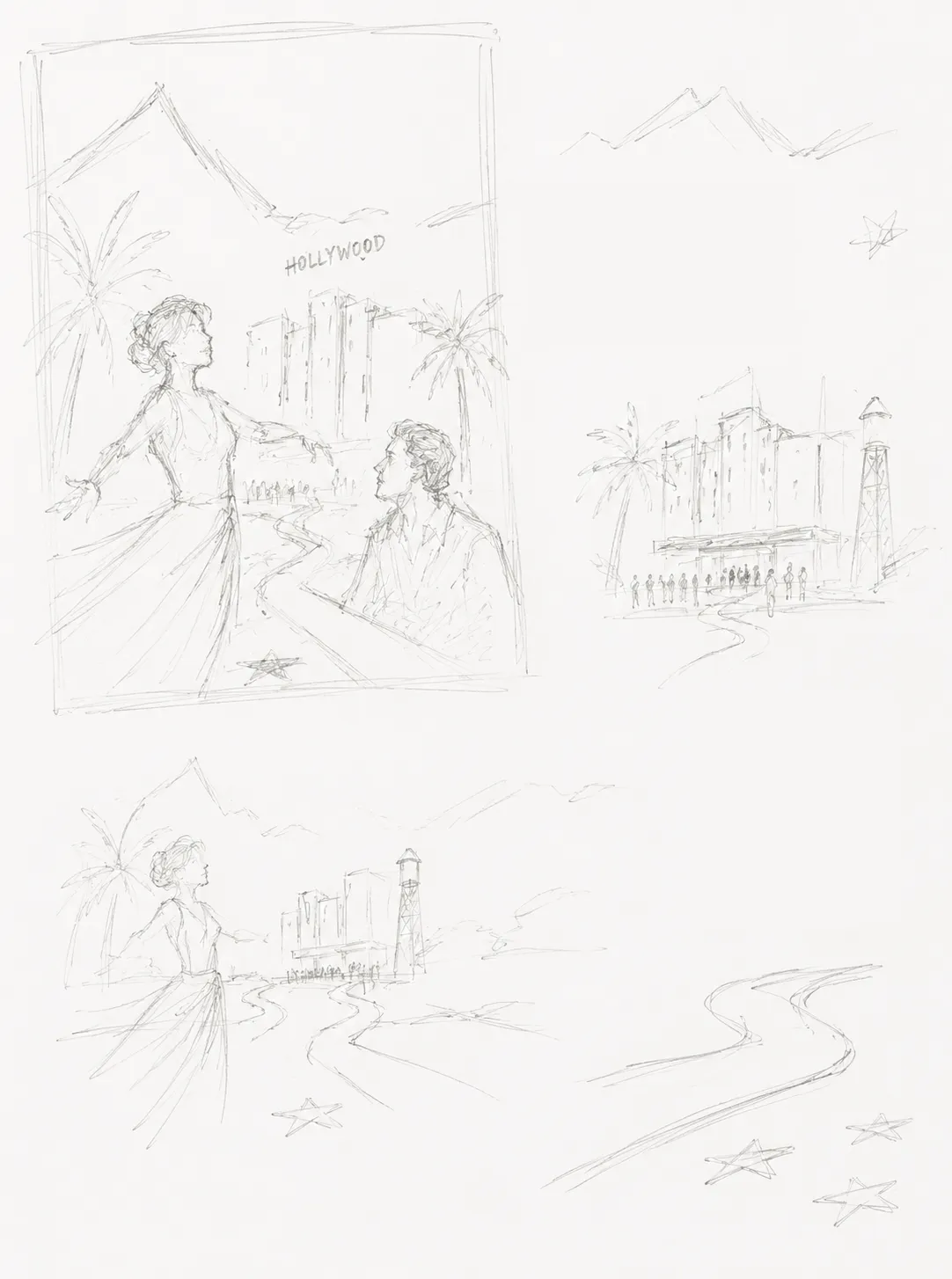 Pencil concept thumbnails of the poster composition