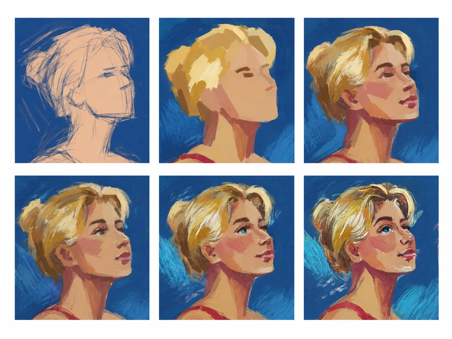 Six-panel study rendering the woman's face from sketch to paint