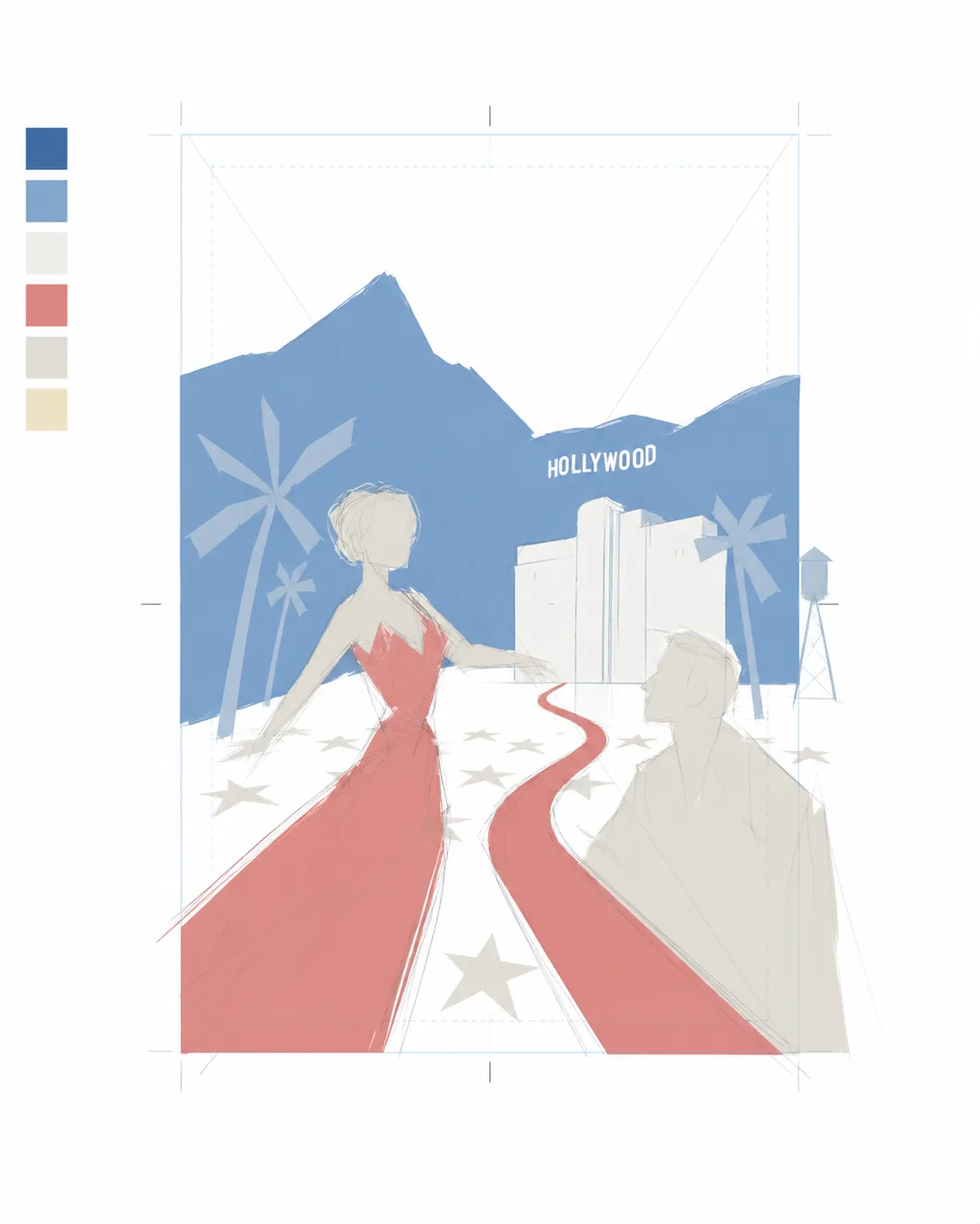 Digital flat-color block-in of the poster with palette swatches