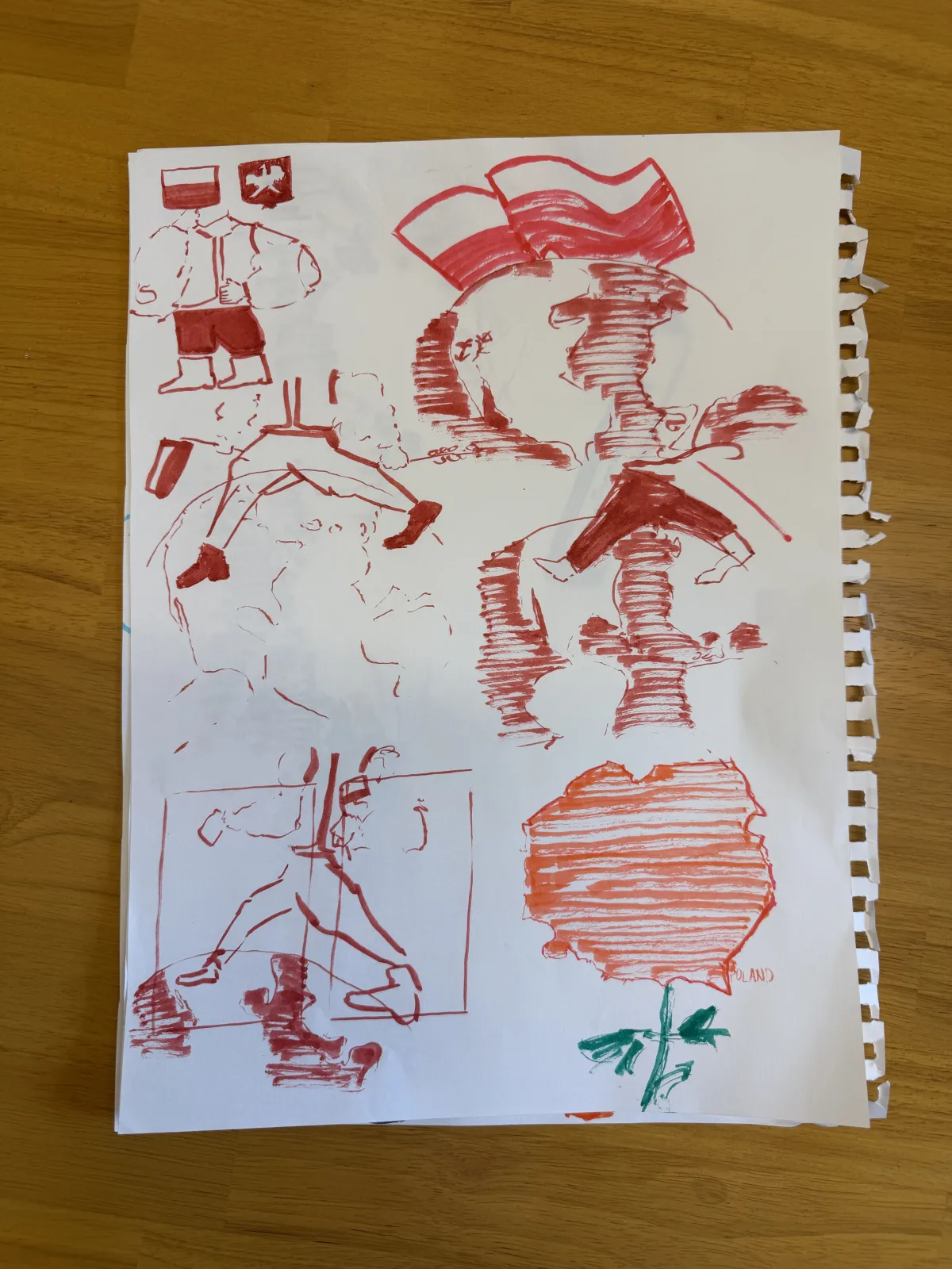 Red marker iconography studies including the map of Poland motif