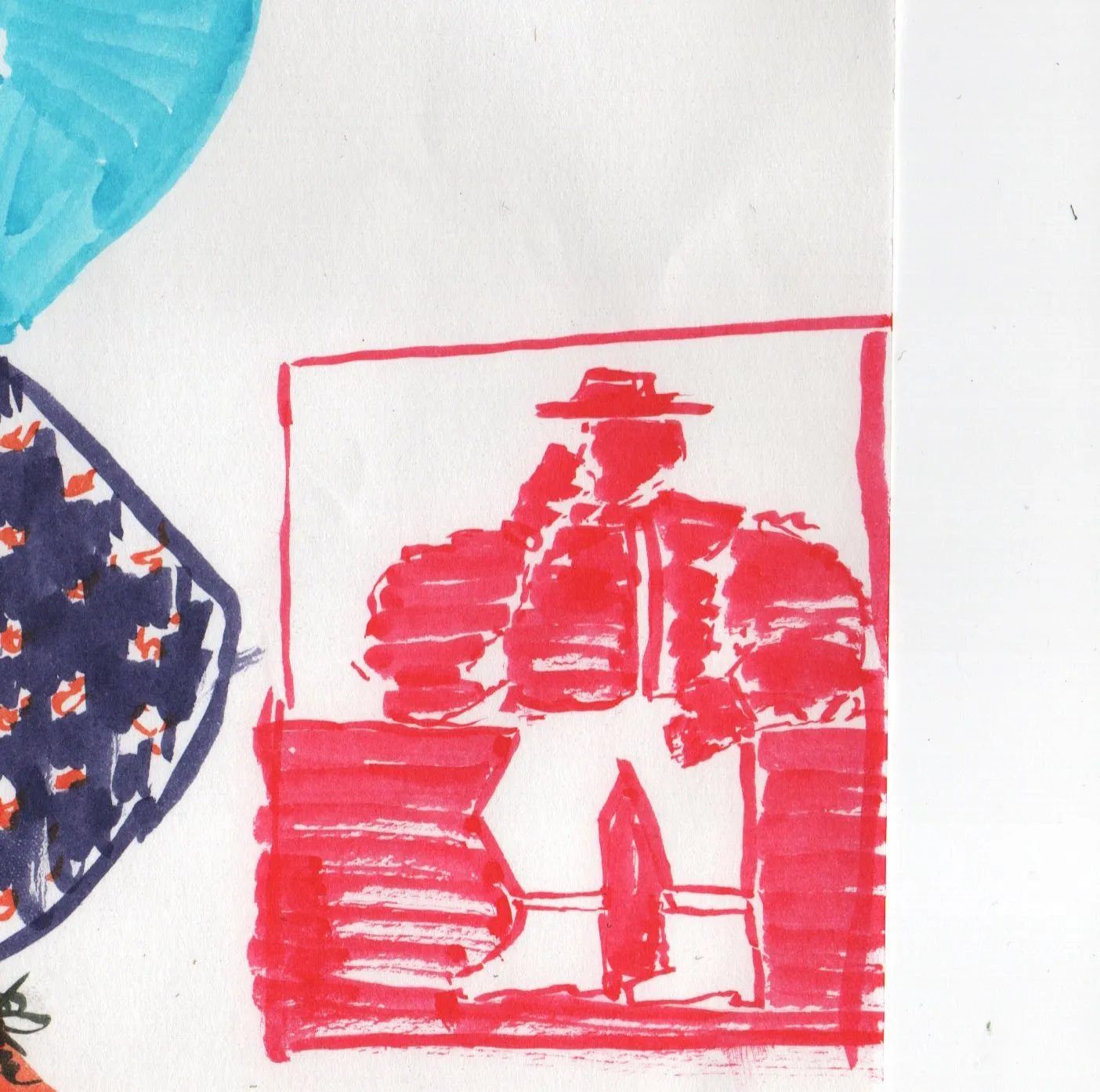 Red marker figure study of a man in a hat