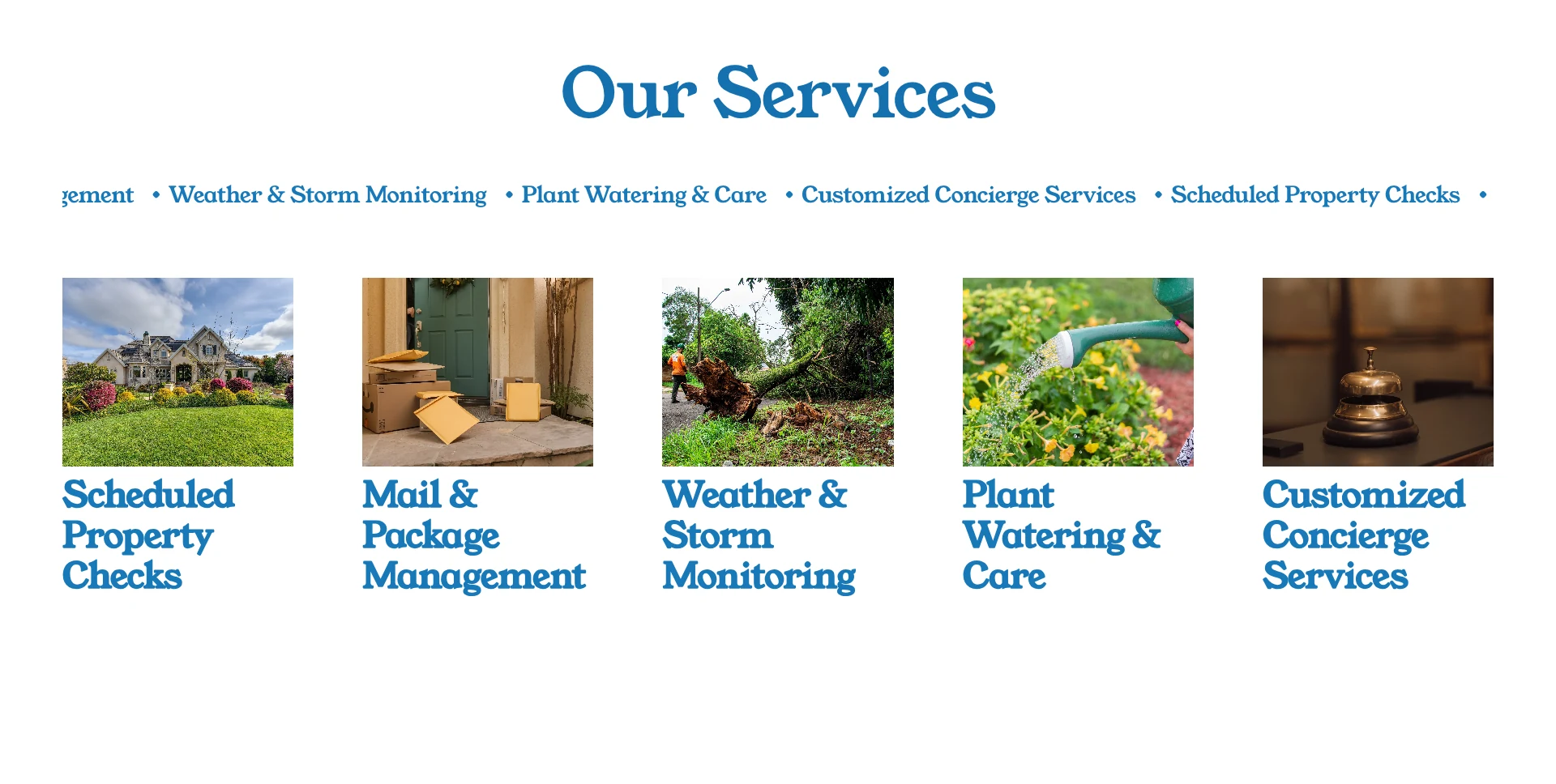 The website&rsquo;s services: property checks, mail and packages, storm monitoring, plant care and concierge