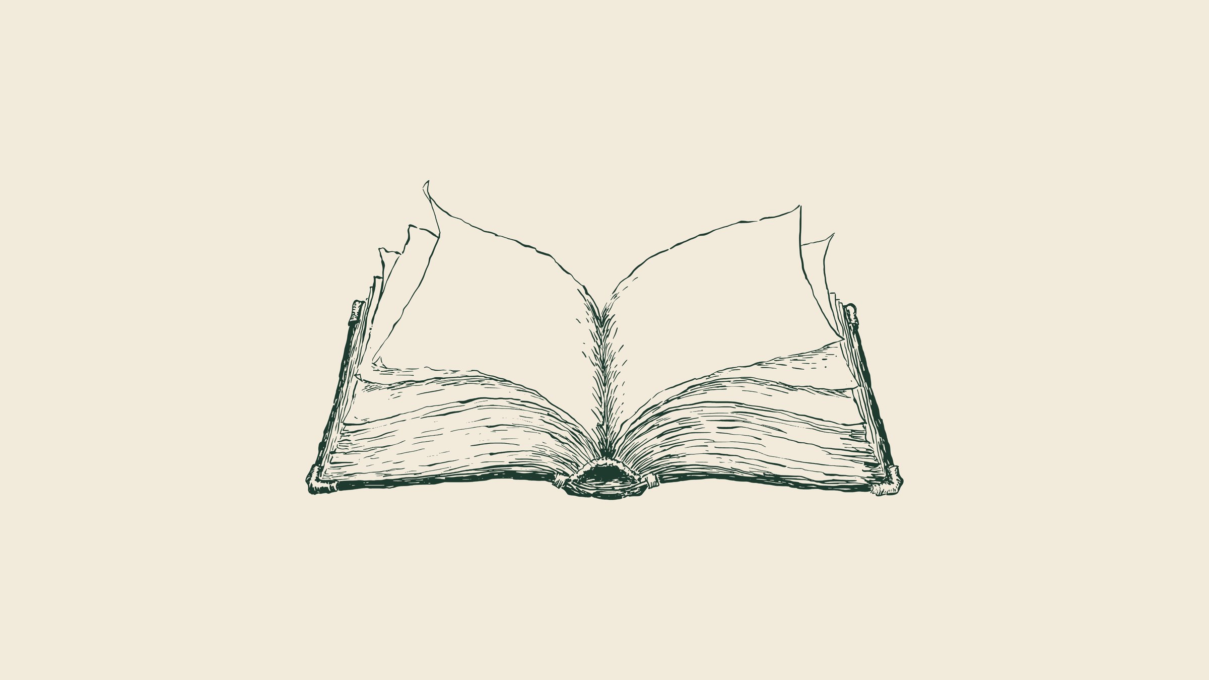 The hand-drawn open book in Library Green on vellum.