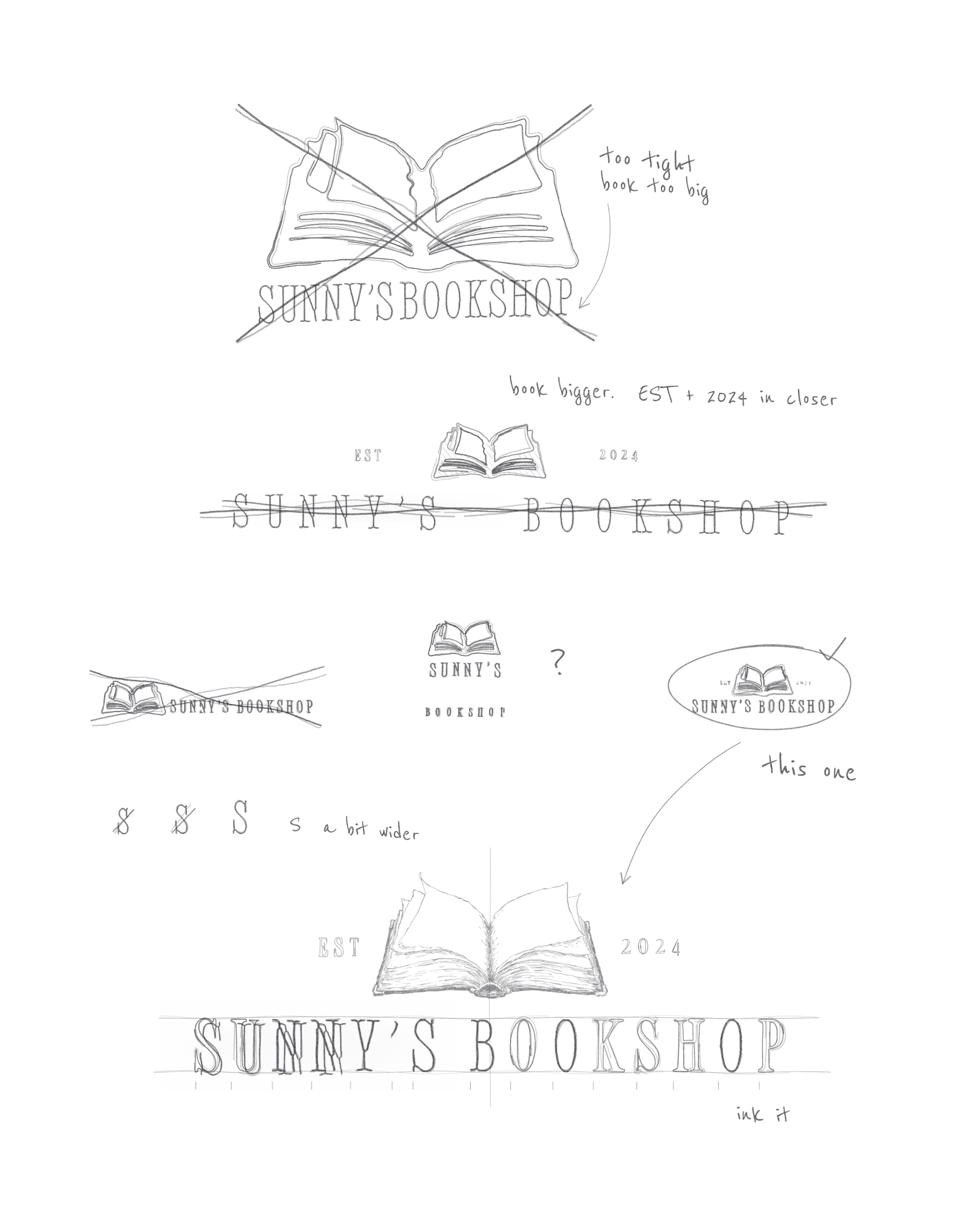 A rough pencil page: the horizontal logo tried, crossed out and settled.