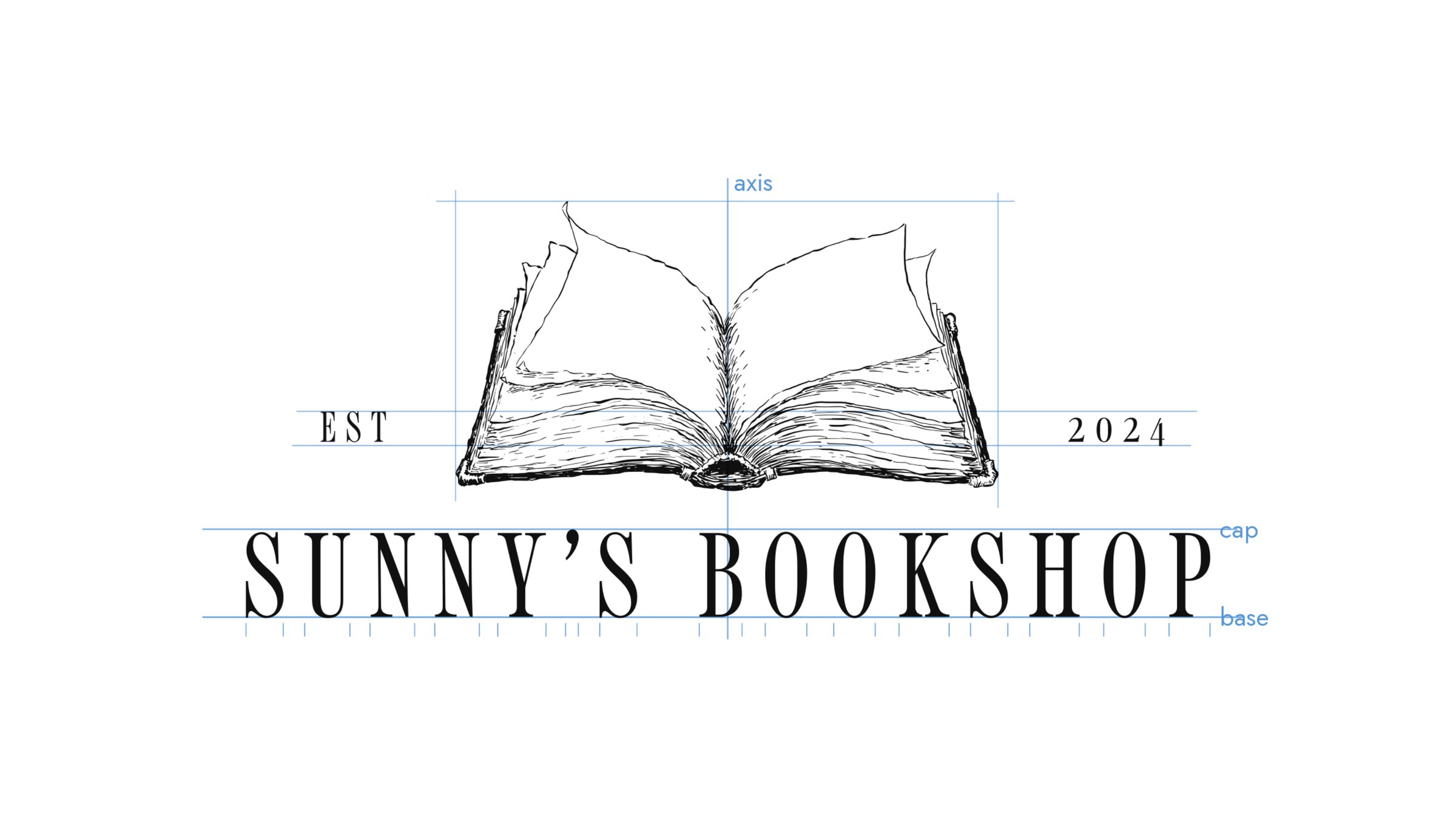 The horizontal logo with its construction lines in blue pencil.