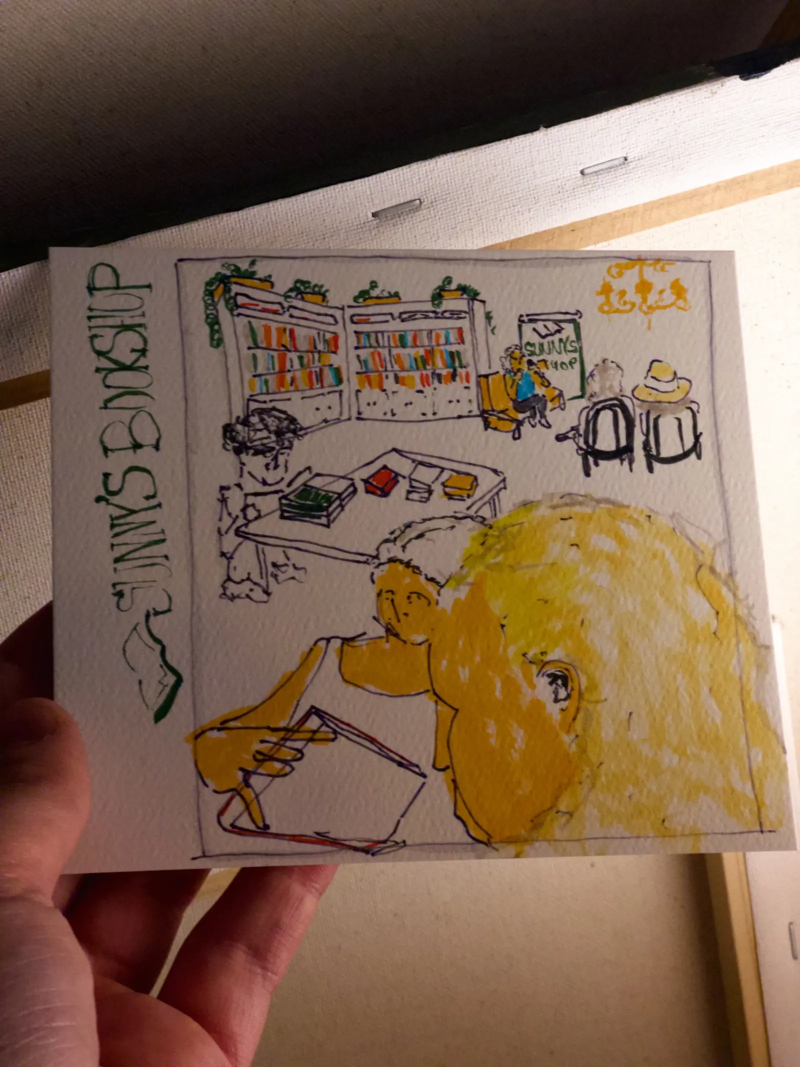 Watercolor color study of the bookshop